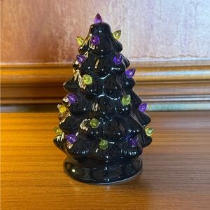 Lighted Ceramic Halloween Tree Black Mini w Purple Green Bulbs 6” Spooky Decor